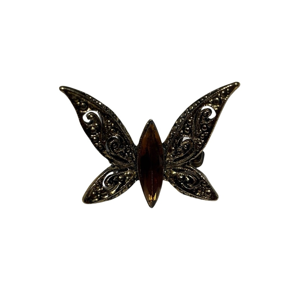 Vintage Gold Tone Amber Colored Rhinestone Filigree Wings Butterfly Brooch Pin